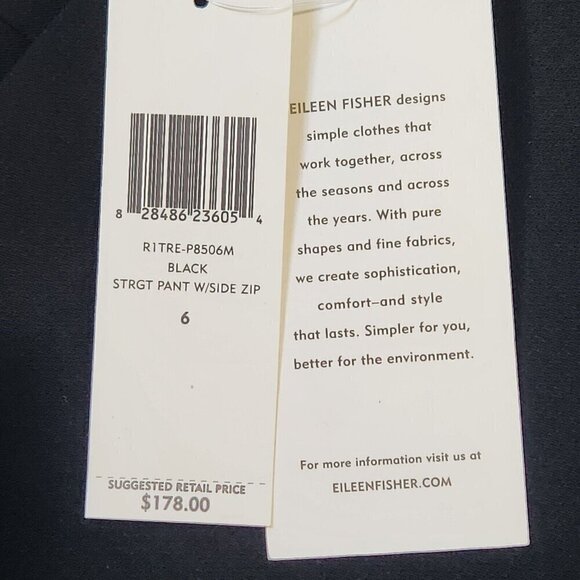 Eileen Fisher NWT Straight Leg Trouser Pant 6 Black Side Zip Classic Office - Picture 5 of 12